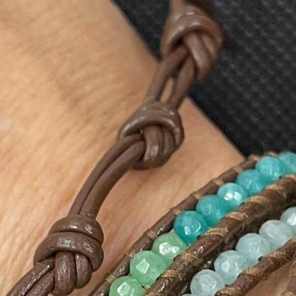 Chan Luu 5 wrap brown leather bracelet aquamarine turquoise blue faceted stones - Picture 3 of 6